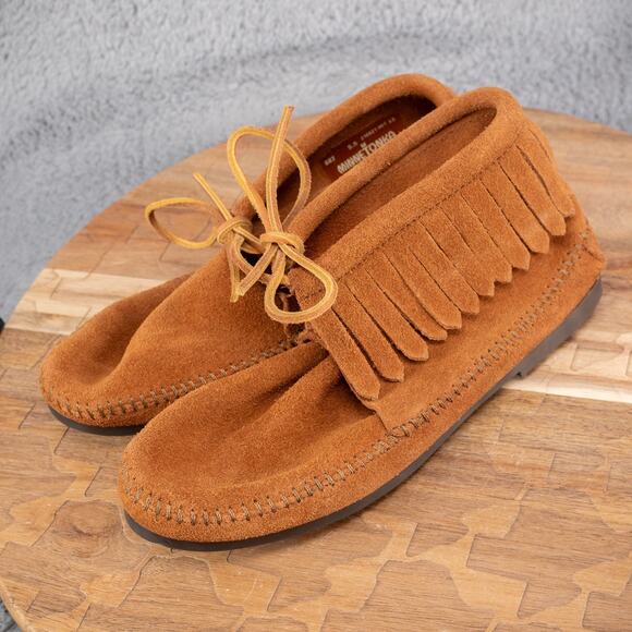 Minnetonka Boots Womens 5.5 Fringe Moccasins Ankle Booties 682 Brown Suede Flats - Picture 4 of 7